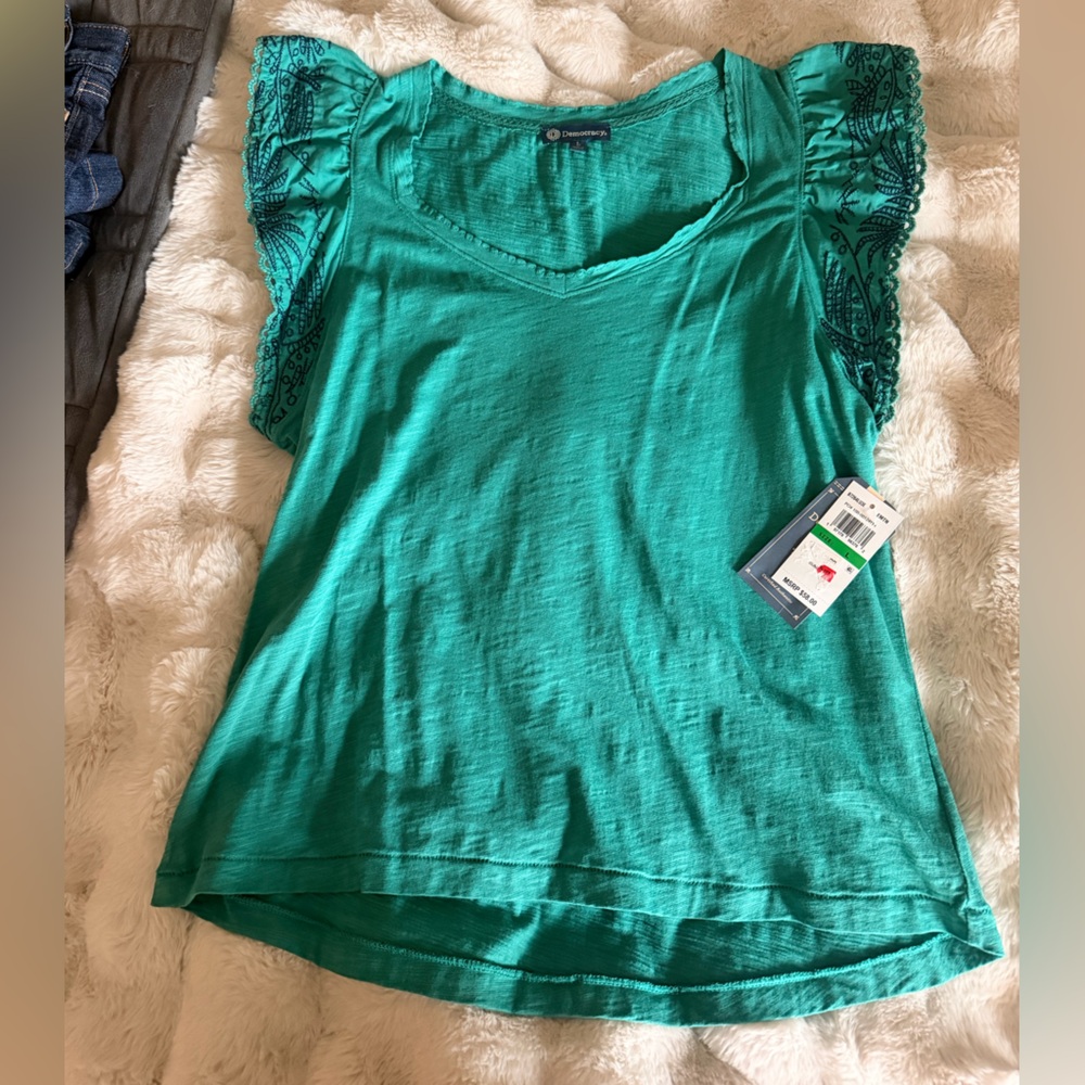 Democracy Teal Lace Accent Blouse